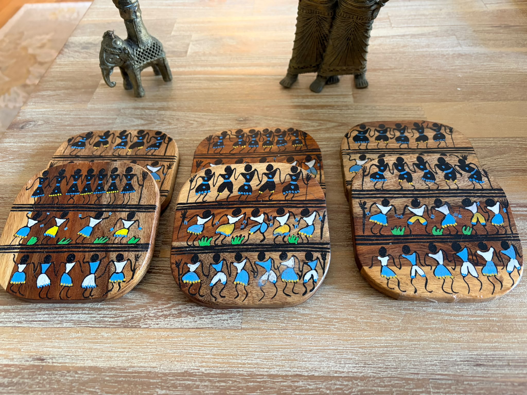 Tribal Dance Wooden Coaster Set (Set of 6) – Hand-Painted Folk Art from Odisha