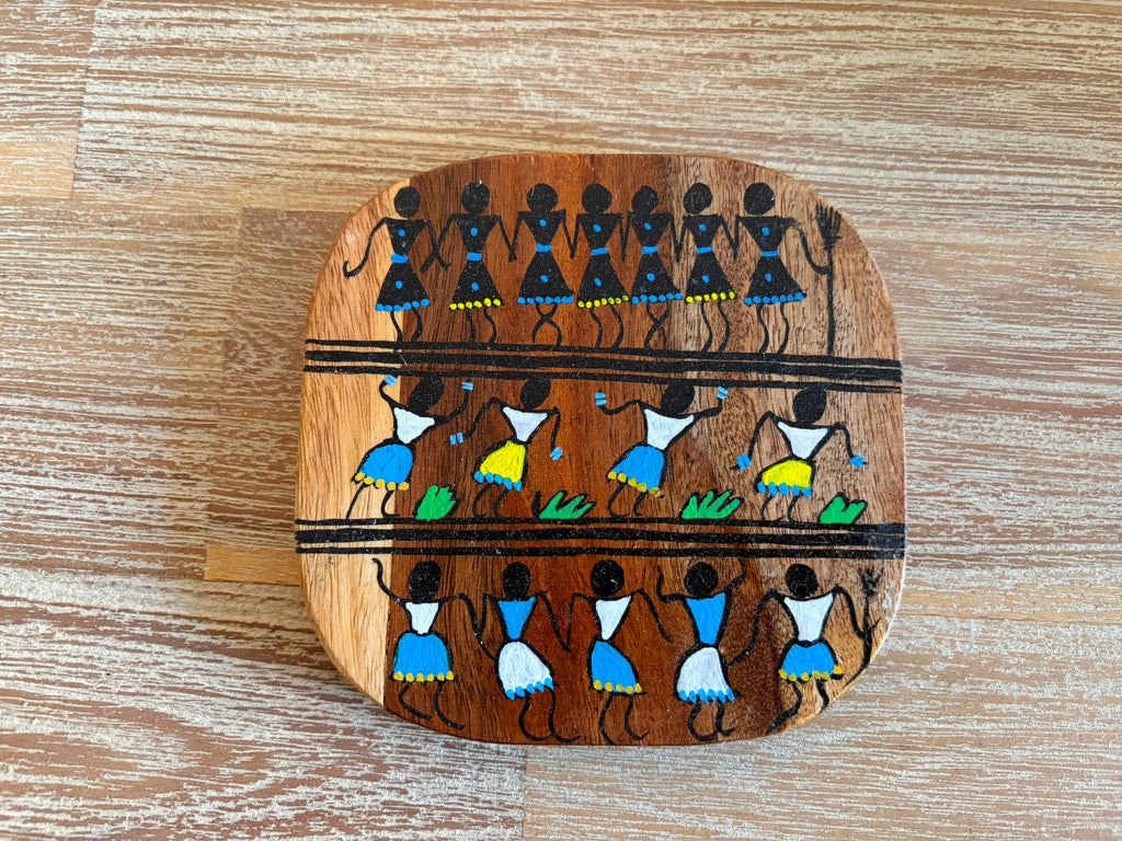 Tribal Dance Wooden Coaster Set (Set of 6) – Hand-Painted Folk Art from Odisha
