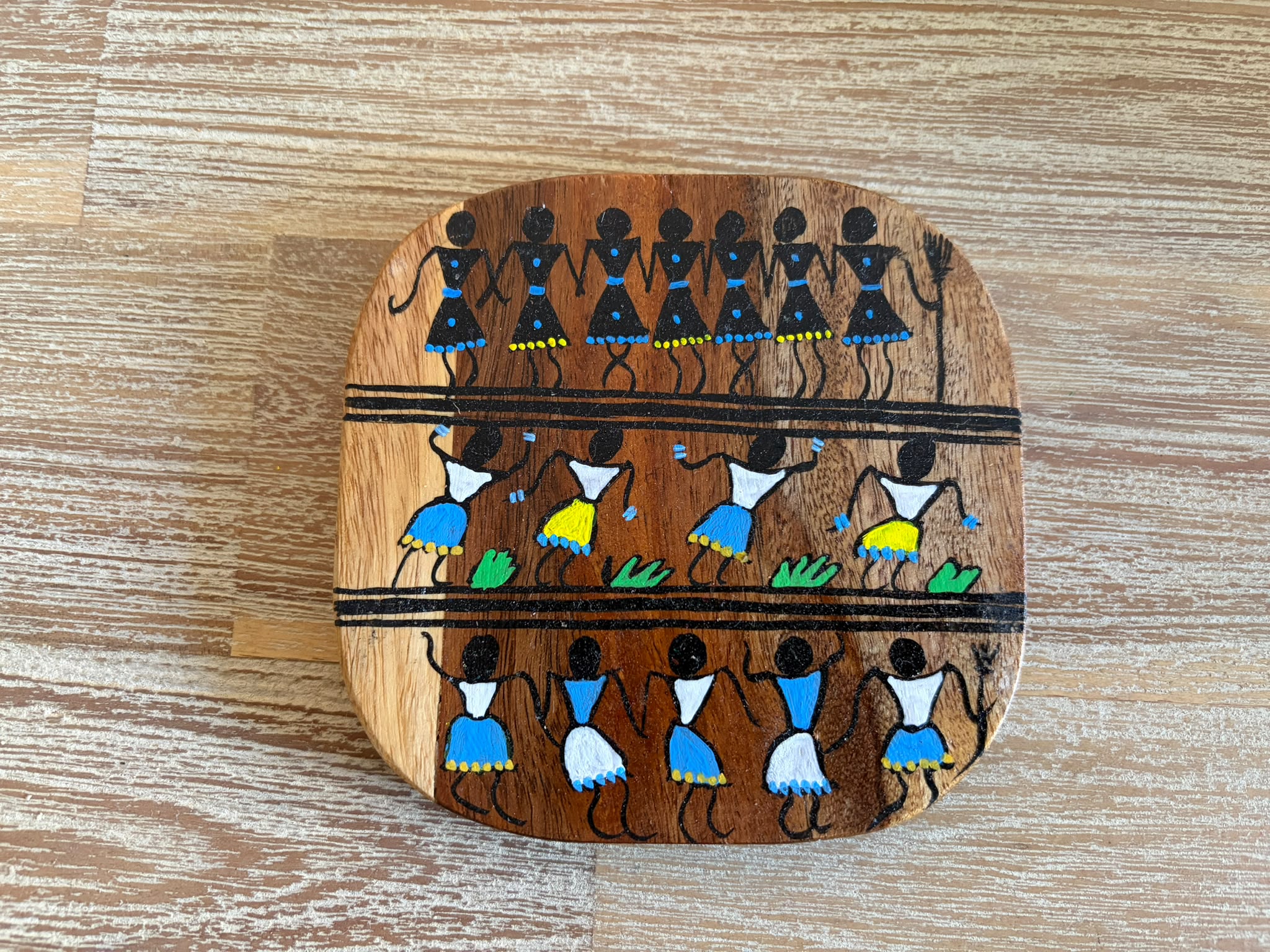 Tribal Dance Wooden Coaster Set (Set of 6) – Hand-Painted Folk Art from Odisha