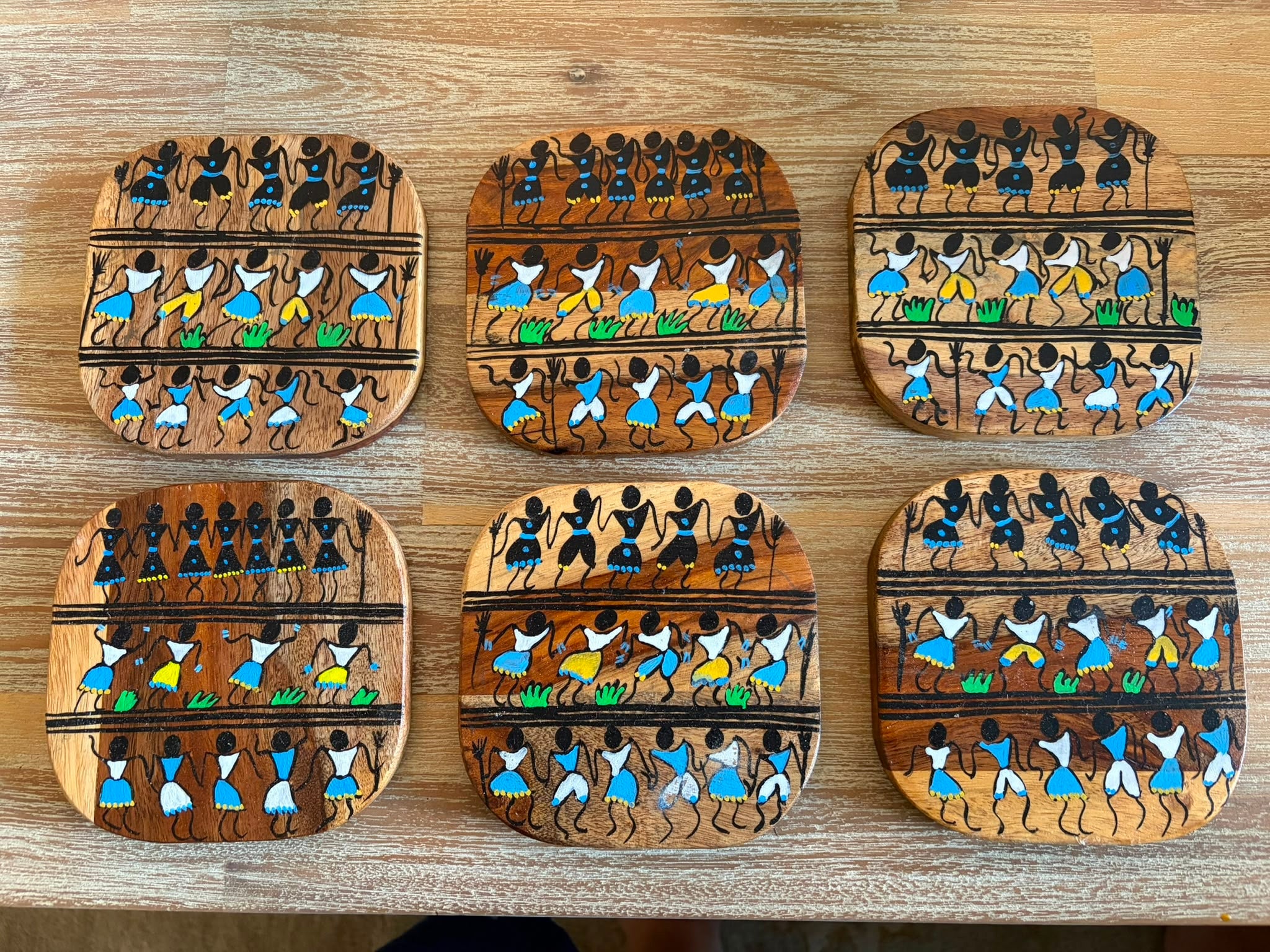 Tribal Dance Wooden Coaster Set (Set of 6) – Hand-Painted Folk Art from Odisha