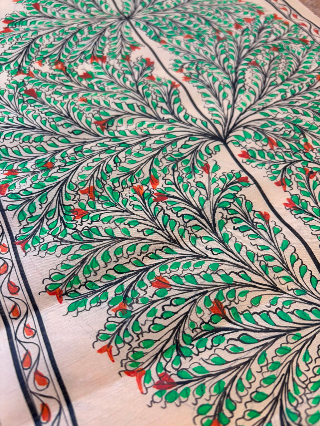 Tree of Life – Blossoms of Renewal – Hand-Painted Pattachitra Painting on Tussar Silk (20 × 10 in)