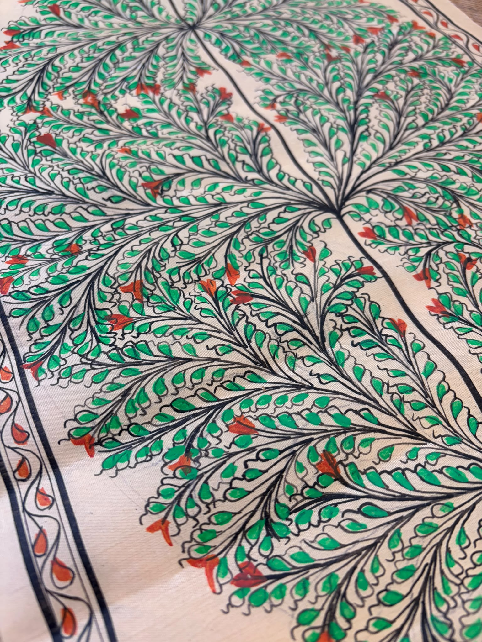 Tree of Life – Blossoms of Renewal – Hand-Painted Pattachitra Painting on Tussar Silk (20 × 10 in)