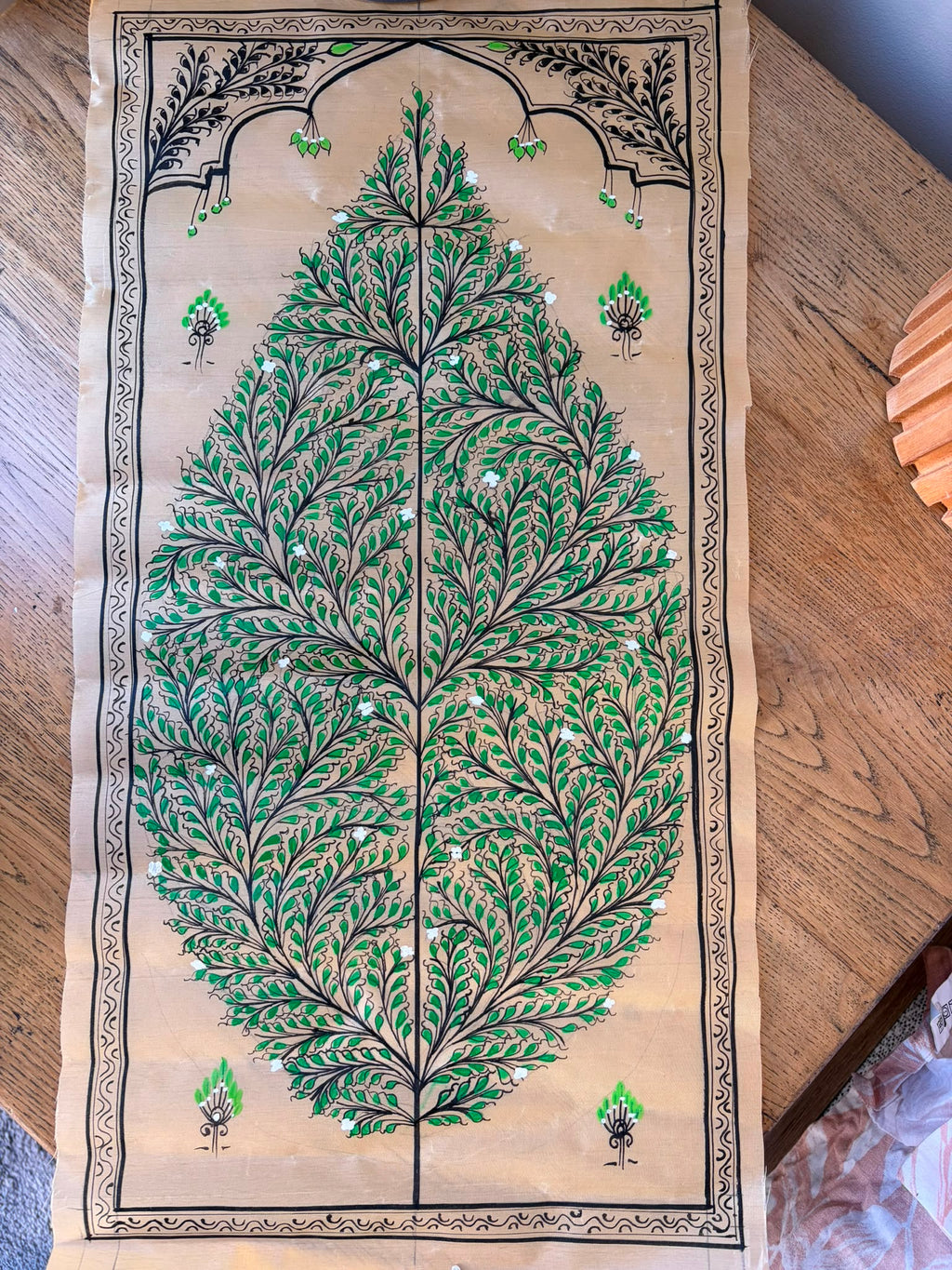 Tree of Life – Evergreen Harmony – Hand-Painted Pattachitra Painting on Tussar Silk (20 × 10 in)
