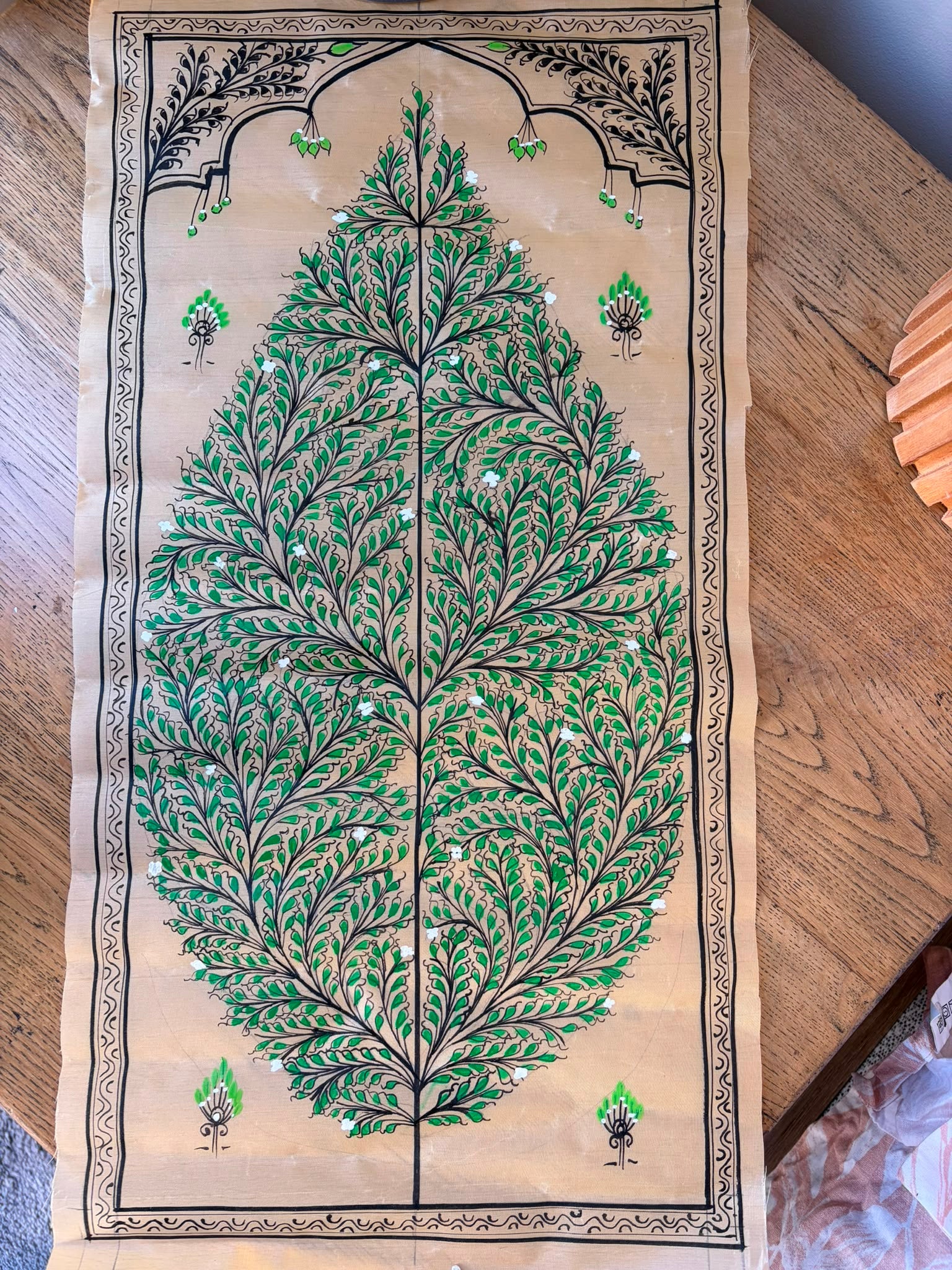 Tree of Life – Evergreen Harmony – Hand-Painted Pattachitra Painting on Tussar Silk (20 × 10 in)