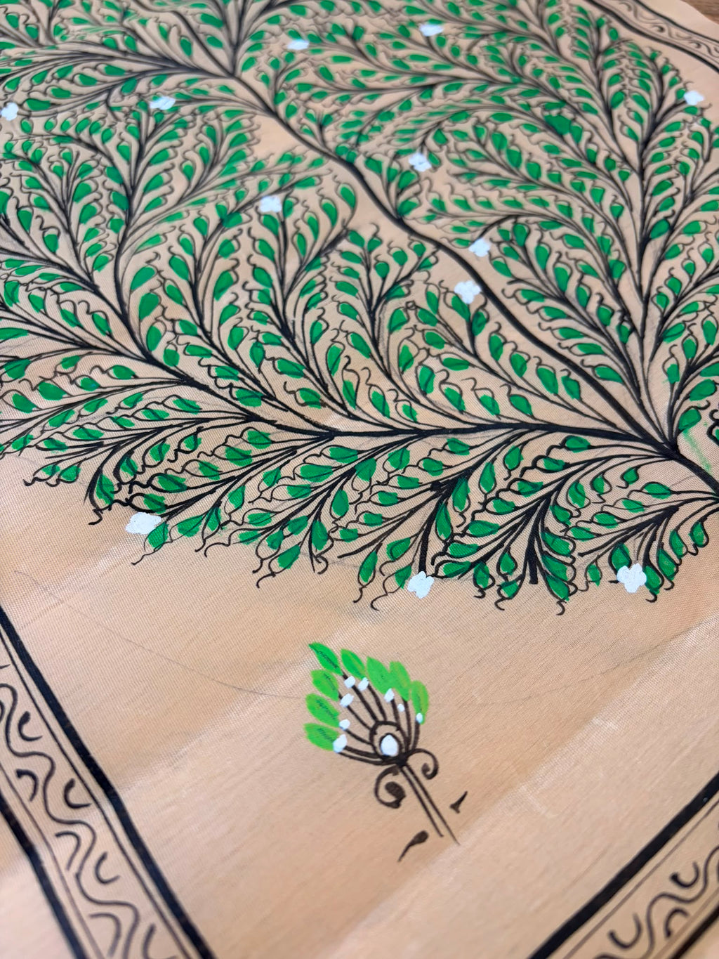 Tree of Life – Evergreen Harmony – Hand-Painted Pattachitra Painting on Tussar Silk (20 × 10 in)