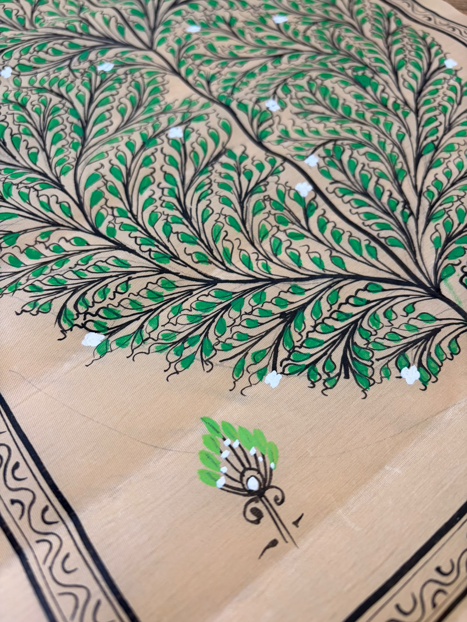 Tree of Life – Evergreen Harmony – Hand-Painted Pattachitra Painting on Tussar Silk (20 × 10 in)