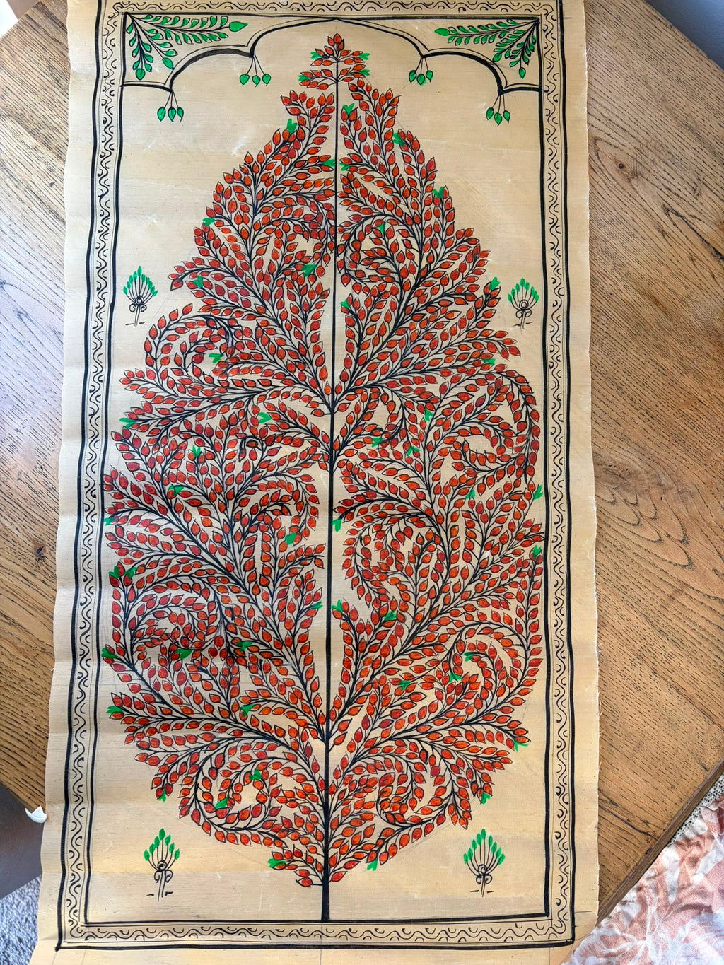 Tree of Life – Autumn Abundance – Hand-Painted Pattachitra Painting on Tussar Silk (20 × 10 in)
