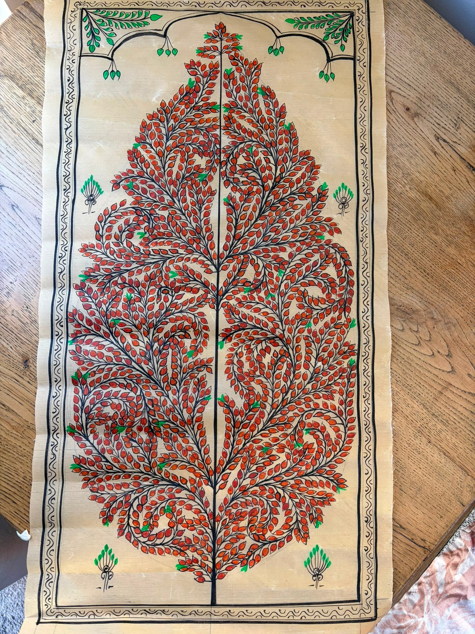 Tree of Life – Autumn Abundance – Hand-Painted Pattachitra Painting on Tussar Silk (20 × 10 in)