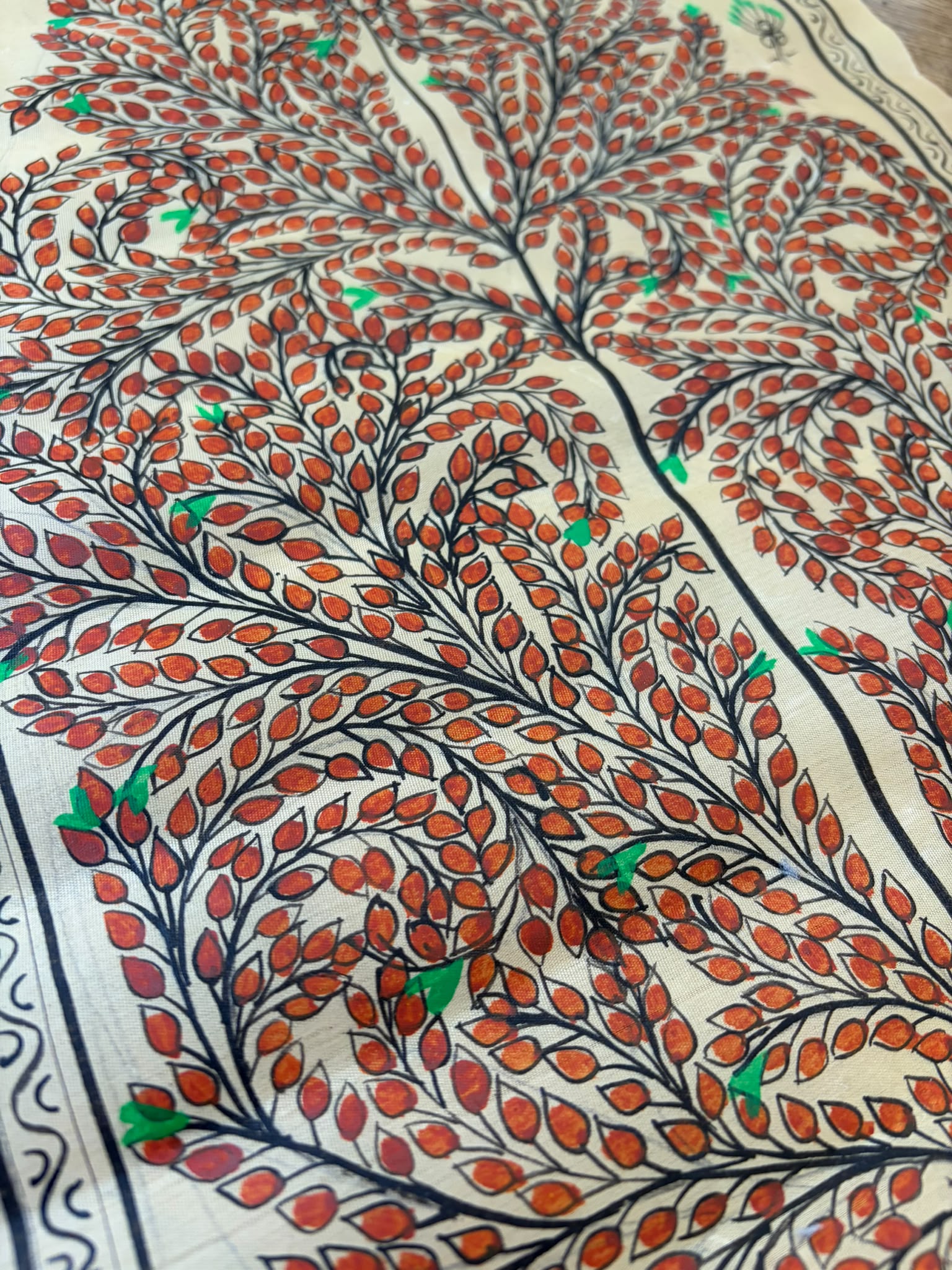 Tree of Life – Autumn Abundance – Hand-Painted Pattachitra Painting on Tussar Silk (20 × 10 in)