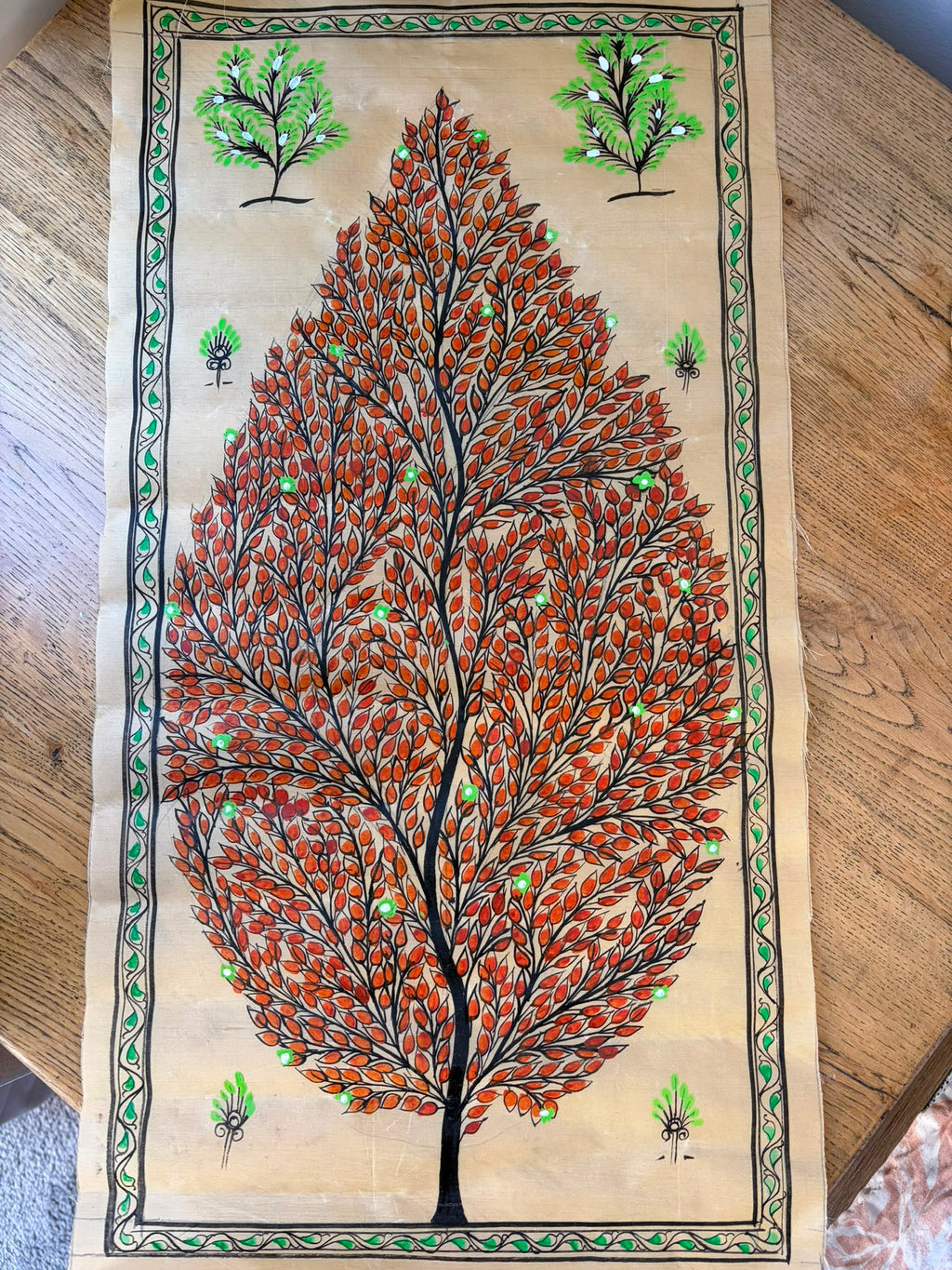 Tree of Life – Autumn Radiance – Hand-Painted Pattachitra Painting on Tussar Silk (20 × 10 in)